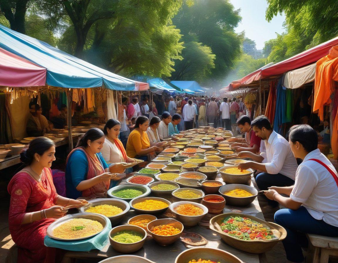 A vibrant, bustling market scene with a diverse group of people engaging in Tapsi lifestyle activities, such as cooking traditional dishes, sharing stories, and enjoying community games. Incorporate colorful textiles and a backdrop of lush greenery to represent the culture. Highlight food stalls with aromatic dishes and locals interacting warmly. Add warm sunlight filtering through trees, enhancing the inviting atmosphere. super-realistic. vibrant colors.