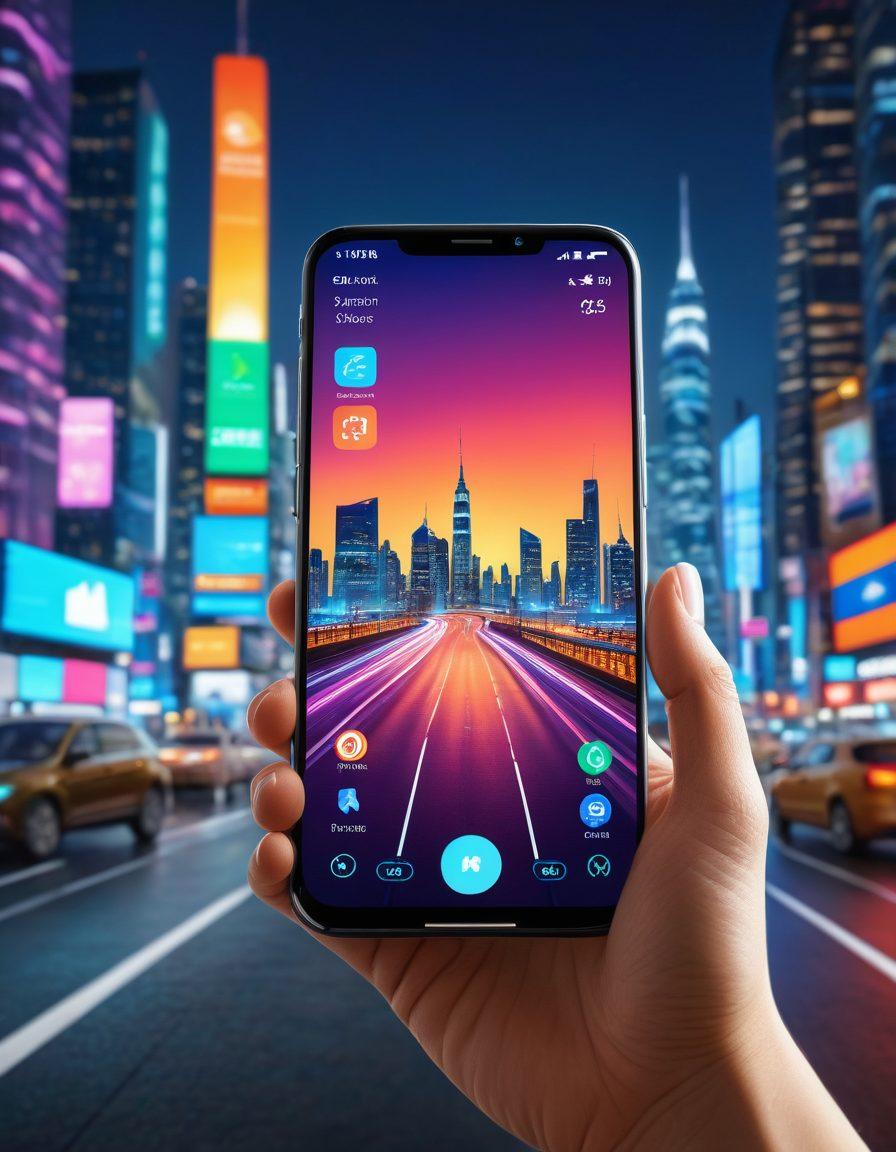 A modern user interacting with a sleek smartphone showcasing the Tapsi app interface, surrounded by icons representing essential updates and features like navigation, ride-sharing, and notifications. The background features a futuristic city skyline, conveying innovation and connectivity. The user appears confident and engaged, reflecting a dynamic lifestyle. vibrant colors. 3D.