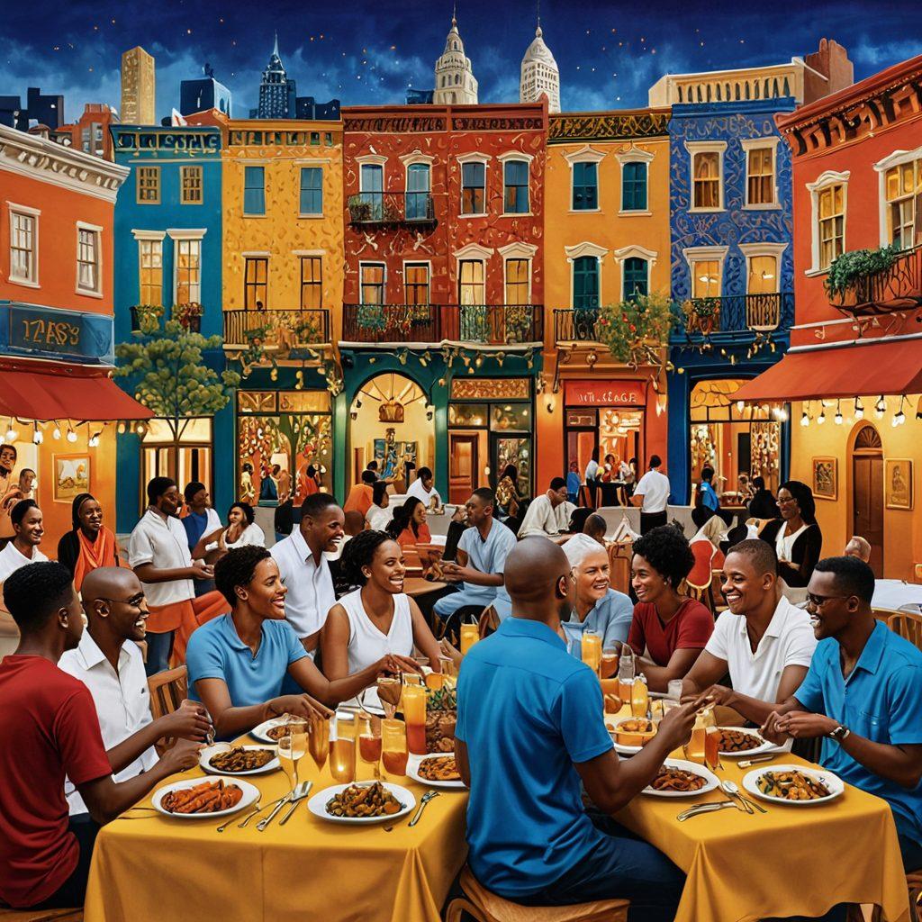 A vibrant collage illustrating a tapestry of diverse people enjoying the Tapsi experience, featuring various activities like dining, laughter, and storytelling. Include symbolic elements like triumphs depicted through trophies, golden light, and paths leading upward, intertwined with authentic cultural motifs. The backdrop of a lively cityscape, showcasing the spirit of community. super-realistic. vibrant colors. 3D.